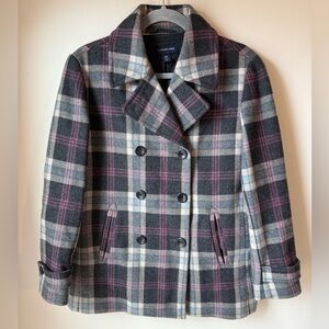 Lands' End Women's Plaid Wool-Blend Peacoat - Gray & Purple, Sz 10 P